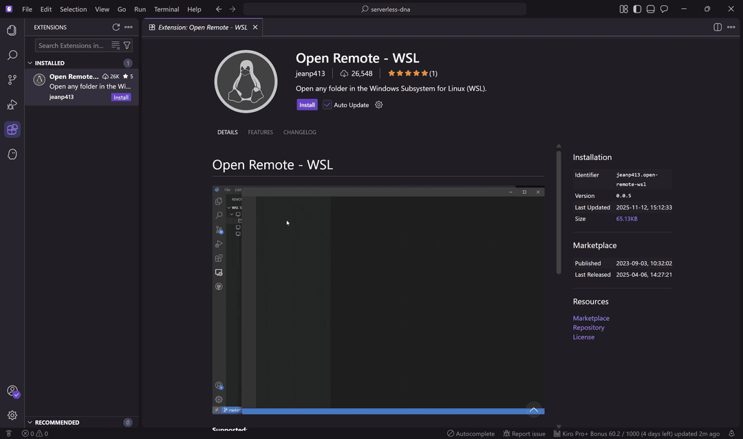 Kiro IDE showing WSL Extension install screen