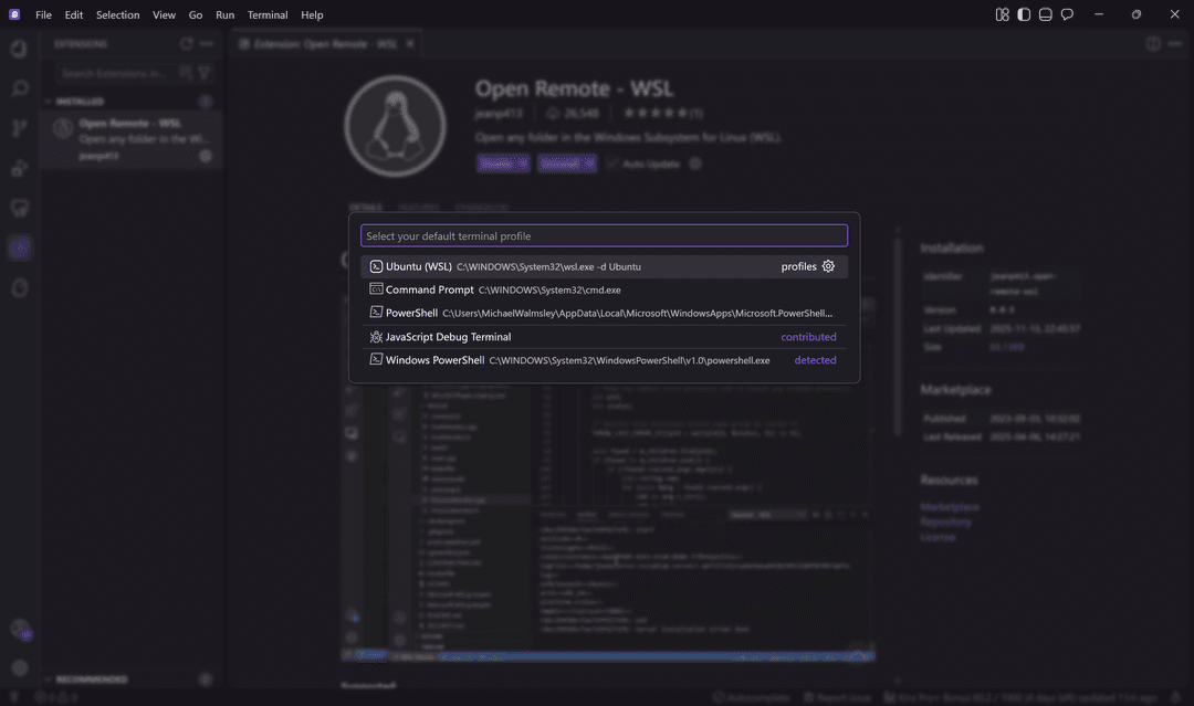 Kiro - selecting default WSL terminal profile