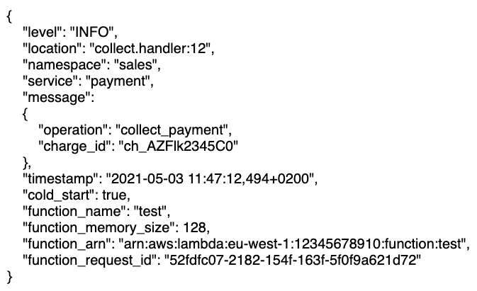 structured log sample with namespace and service